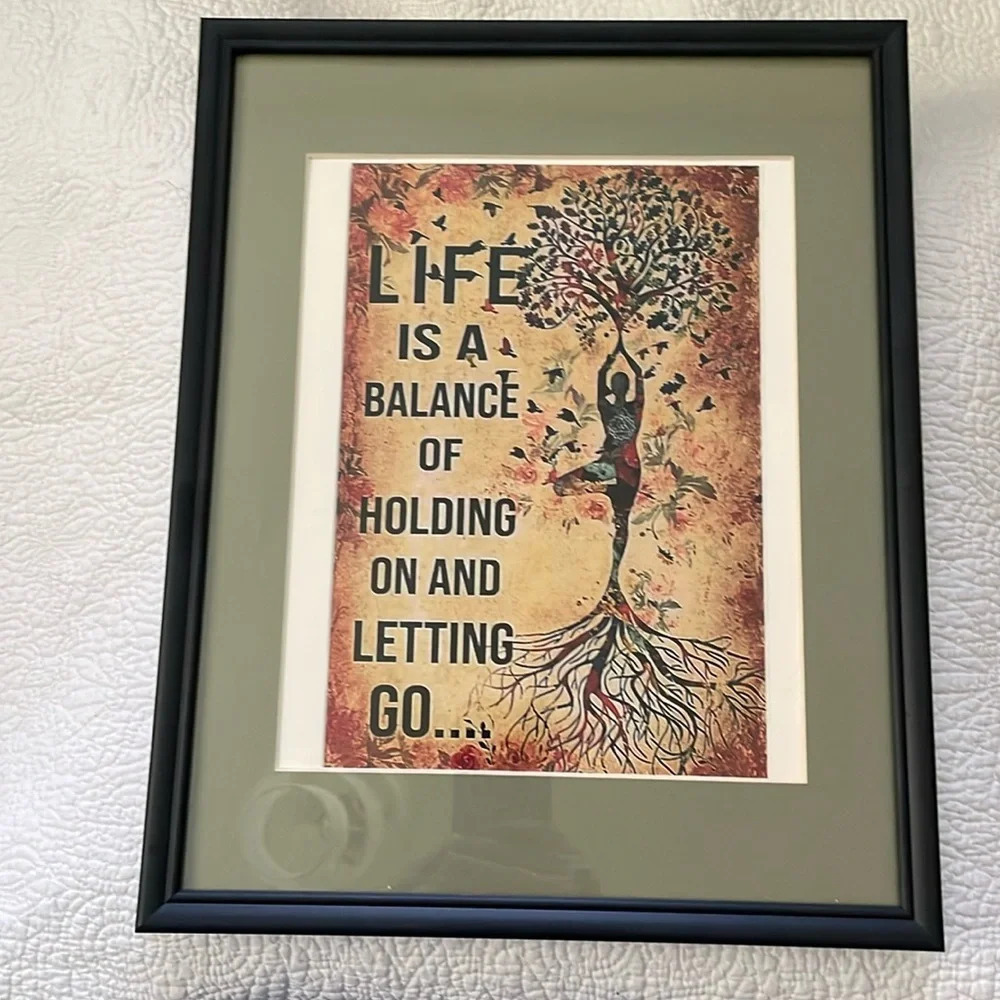 Framed and matted yoga print with inspirational saying. Black frame/olive matte